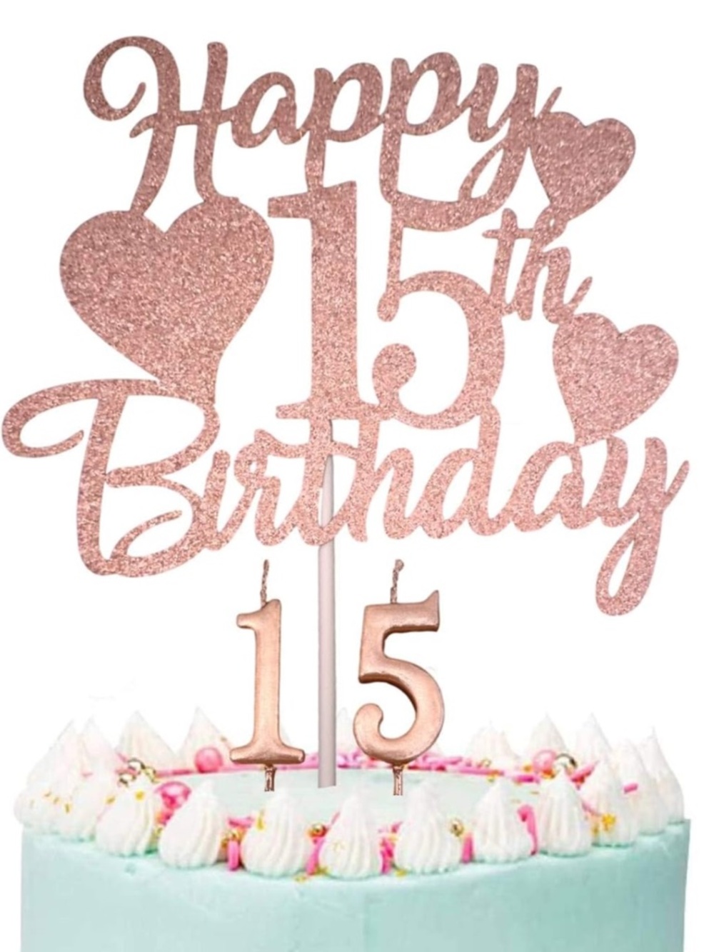 Happy 15th Birthday Cake Topper - Rose Gold Glitter and Candles